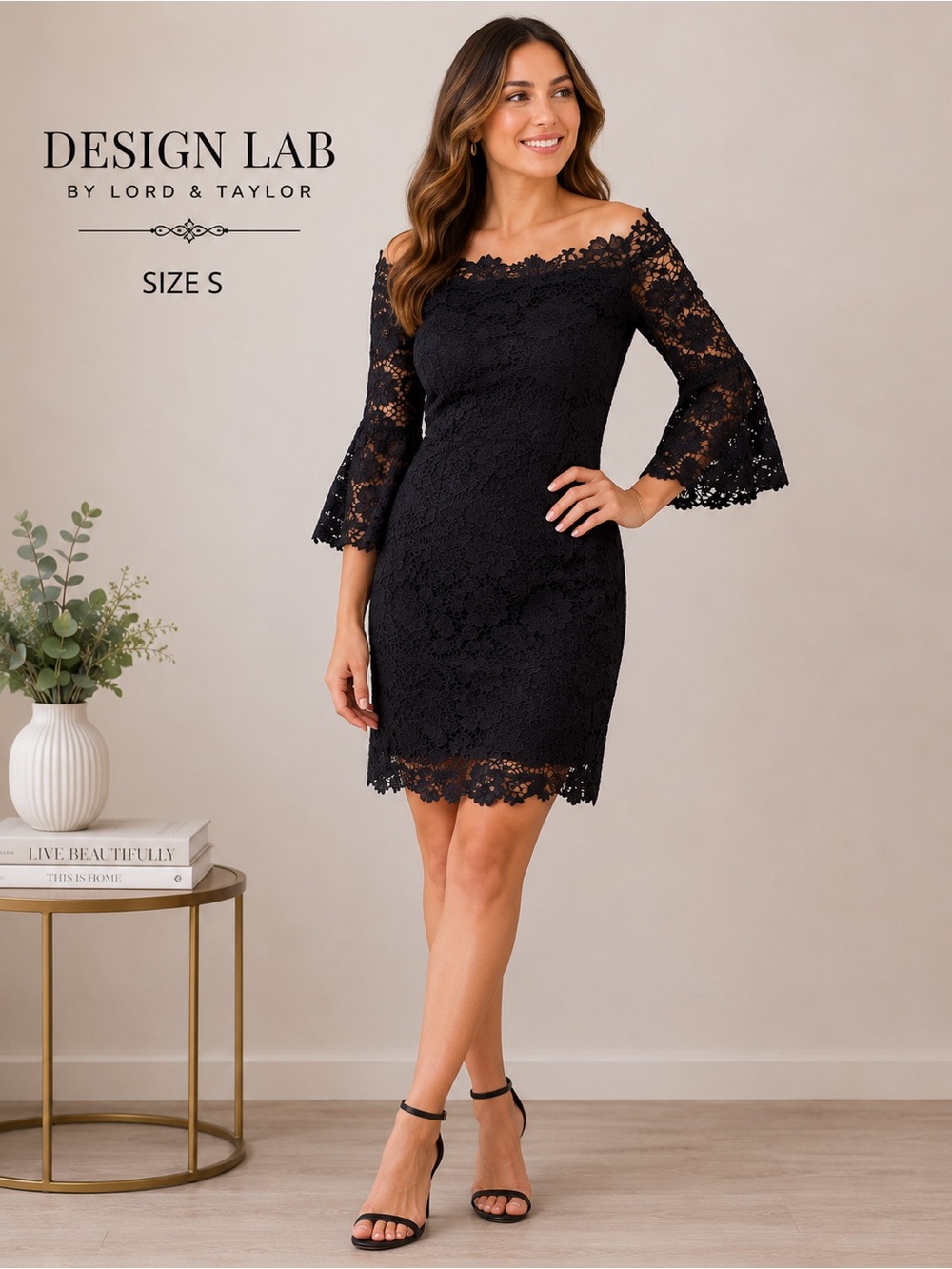 Design Lab by Lord & Taylor Black Lace Off Shoulder Dress romantic feminine/S
